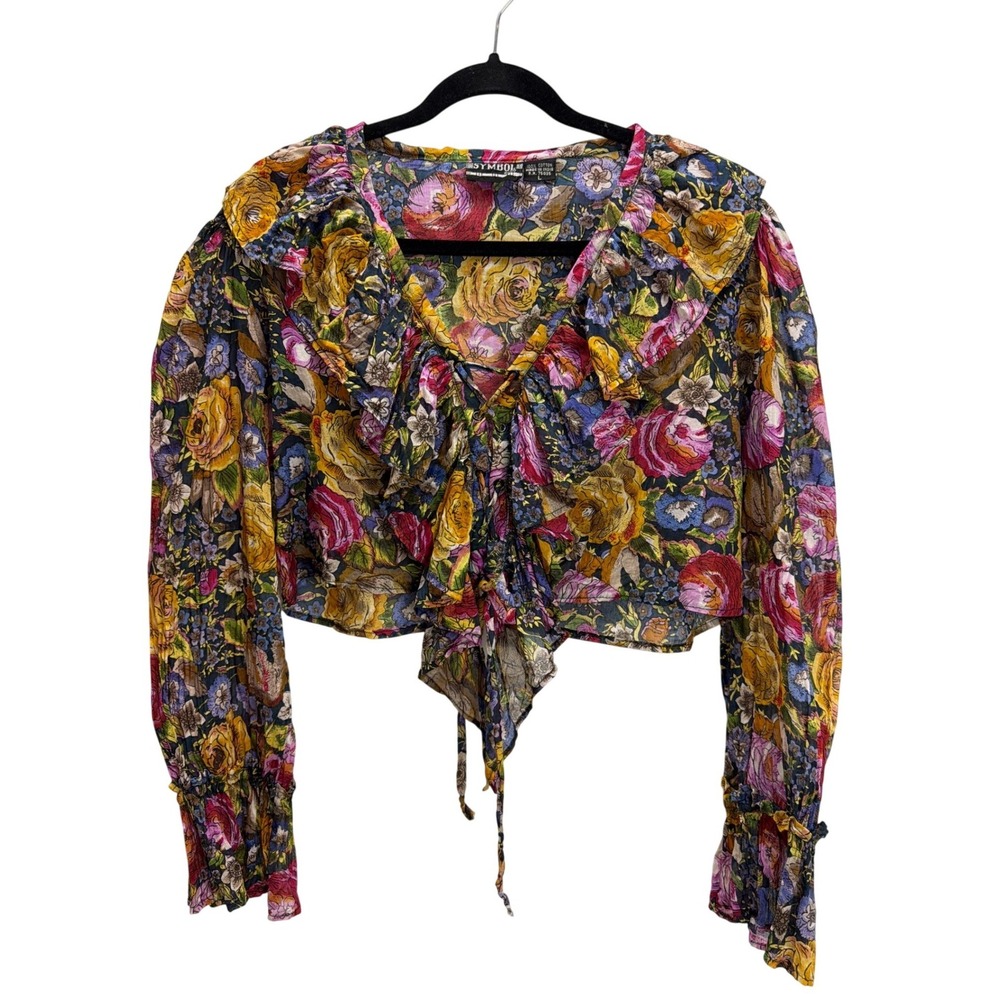 Vtg Symbol 2000 Cotton Bold Floral Print Lace Front‎ Ruffle Cropped Top L